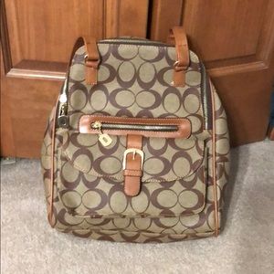 Brown and tan backpack/small tote